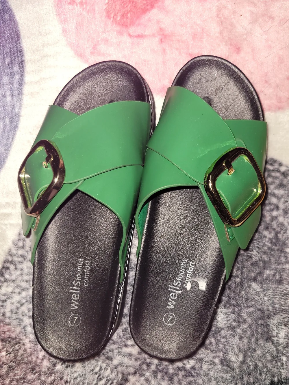 Women’s Green Slide Sandals with Gold Buckle - Picture 1 of 2